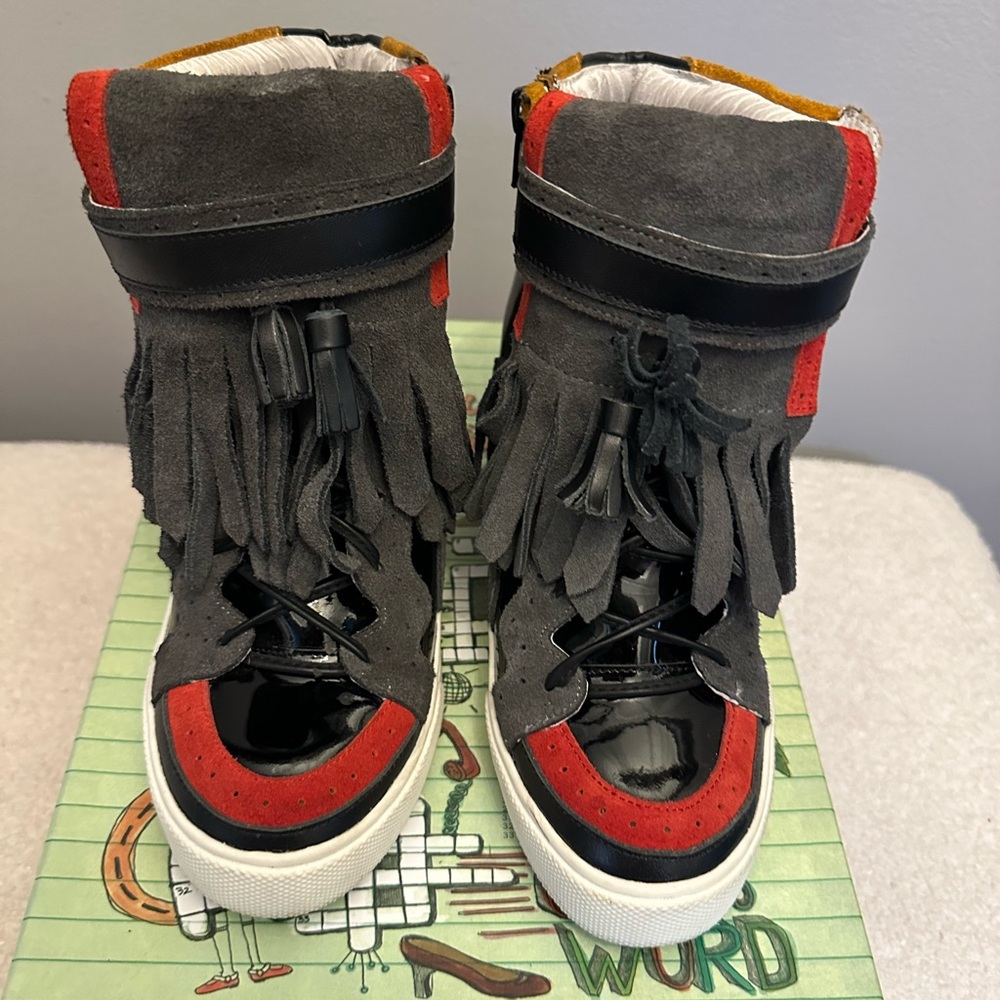 Jeffrey Campbell Fringe High-Top Sneakers in Concrete Red, gold and Black